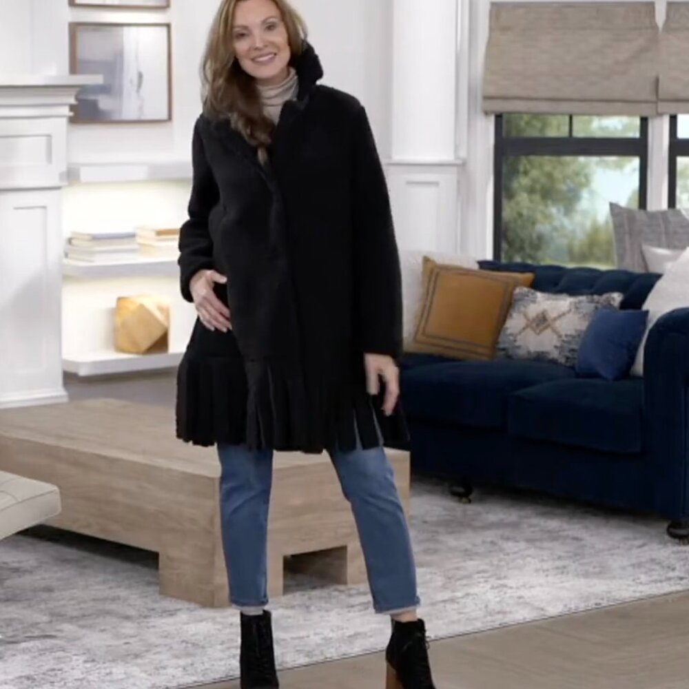 NWT Attitudes by Renee Global Illusions Thick Sherpa Fringe Coat - Black Raven